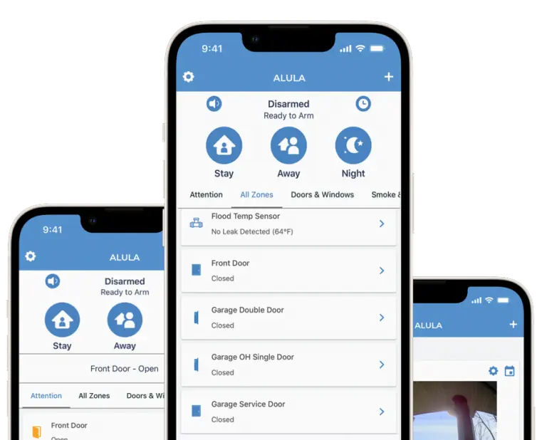 Alula mobile app screens showing security status across multiple restaurant locations
