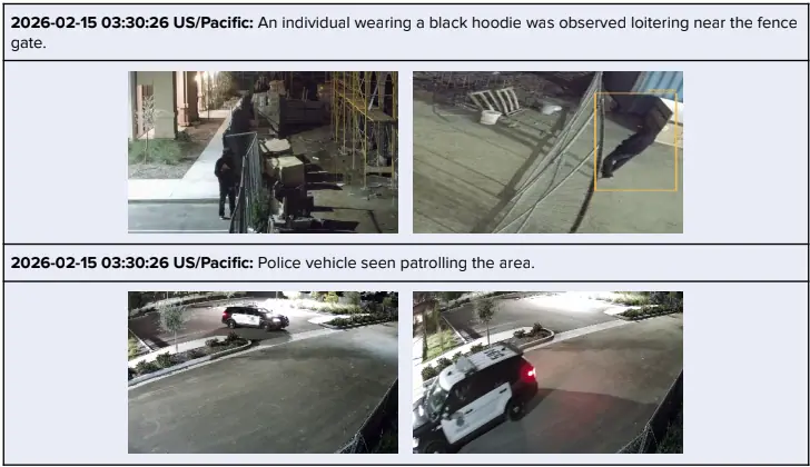 Camera footage of an individual loitering near the fence gate on Feb 15, 2026