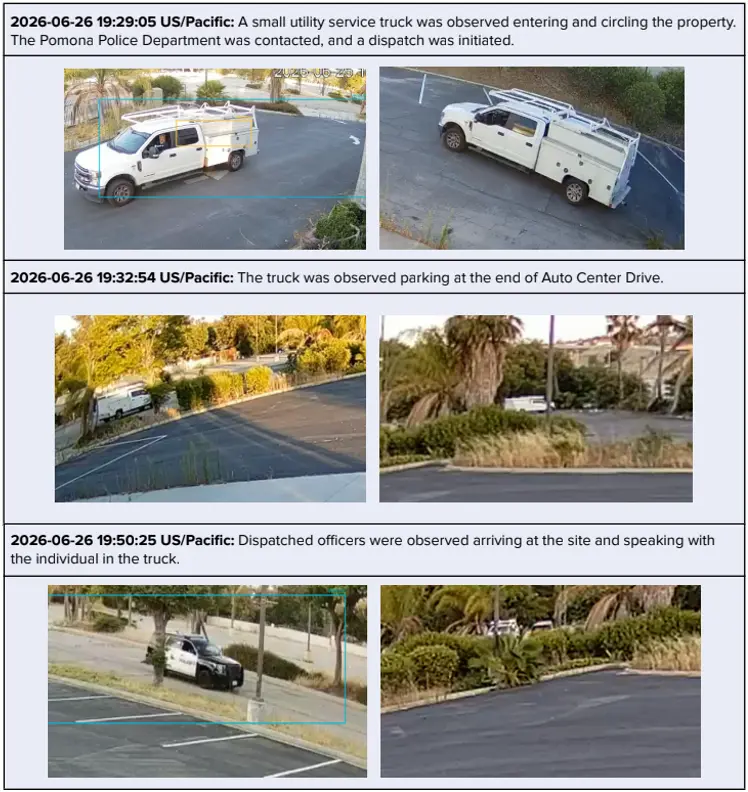 Monitoring log showing a suspicious utility truck detected and police dispatched to the scene