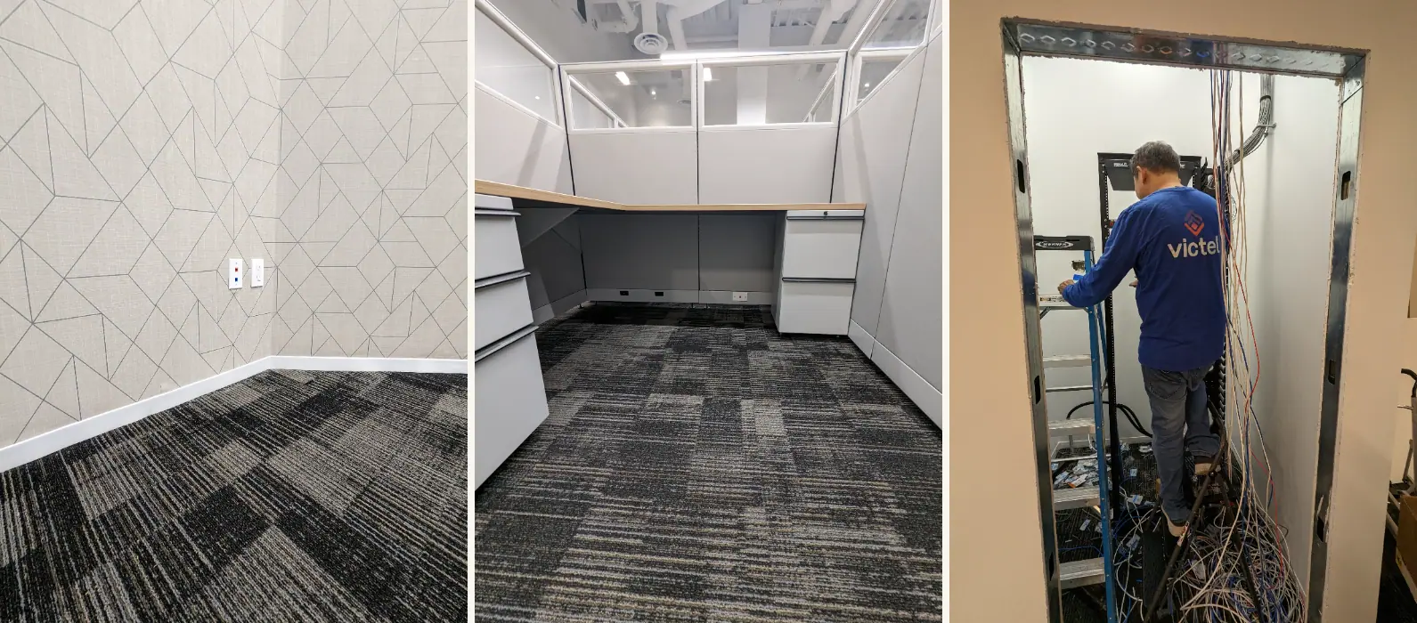 Labeled data and power jacks at a workstation, a finished cubicle with clean floor drops, and an AllTime Systems technician terminating cable at the MDF rack for a real estate office structured cabling project